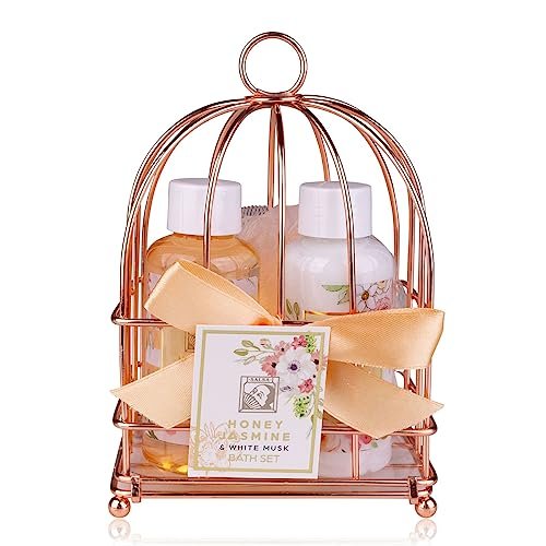 Accentra Set doccia da donna Honey JASMINE in un bellissimo cesto metallico – Set di 3 pezzi con gel doccia, lozione per il corpo e spugna da bagno – Set regalo per compleanno e San Valentino