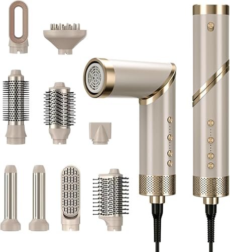 Airstyler 9 in 1 asciugacapelli con asciugacapelli, 110000 giri/min, asciugacapelli, spazzola ad aria calda, set con 9 accessori, per asciugacapelli, ricci, volumizzanti, lisciare, massaggiare, oro