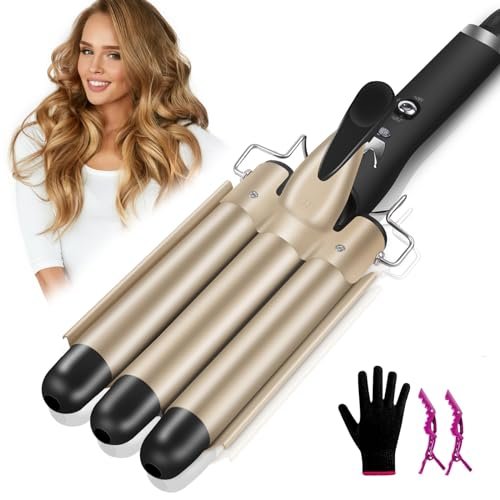 Arricciacapelli 3 barili Professionale Piastra Capelli Onde Bacchetta Ondulata Ferro Arricciacapelli 180℃-210℃ Temperatura Regolabile Piegatore per Capelli Canna Ceramica Cavo Girevole a 360 °