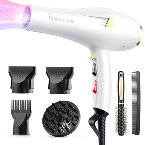 Dekuri Phon Capelli Asciugacapelli Professionale 2000W con Tecnologia Ionica, Asciugatura Rapida e Delicata, Ideale per Ricci e Lisci, con Diffusore, Ugelli Styling e Pettine, Bianco