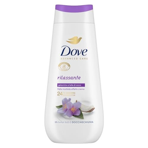 Dove Bagnoschiuma Rilassante, Bagnodoccia Idratante, Formula Delicata sul Microbioma della Pelle, con Agenti Idratanti Vegetali, Senza Solfati SLES, Bagnodoccia Uomo e Donna, 225 ml