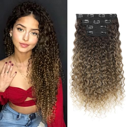 FLUFYMOOZ Extension per capelli a clip, da 4 pezzi, al 100% in pura seta proteica, lunghe, morbide, naturali, ricce, da 50 cm, per donne, da marrone scuro a marrone chiaro