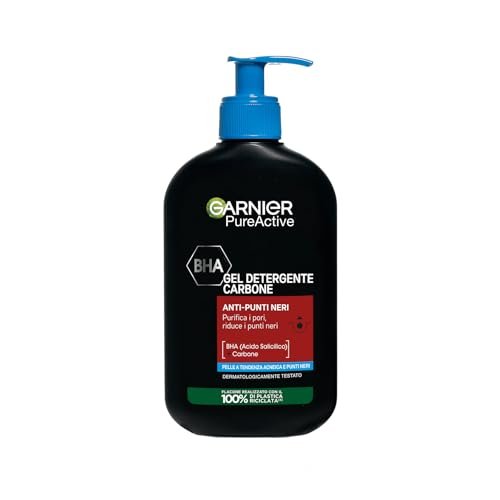 Garnier Gel Detergente, Per Pelli a Tendenza Acneica, Pulisce e Libera i Pori, Arricchito con Carbone Attivo, BHA (Acido Salicilico), Formula Vegana, Pure Active, 250ml