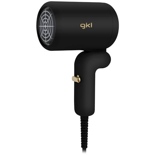 GKL Mini asciugacapelli da viaggio, 400 W, pieghevole, flusso d'aria calda fino a 70 °C per valigie, palestra, zaino e uso quotidiano. Mini essiccatore molto potente per le sue dimensioni (nero)