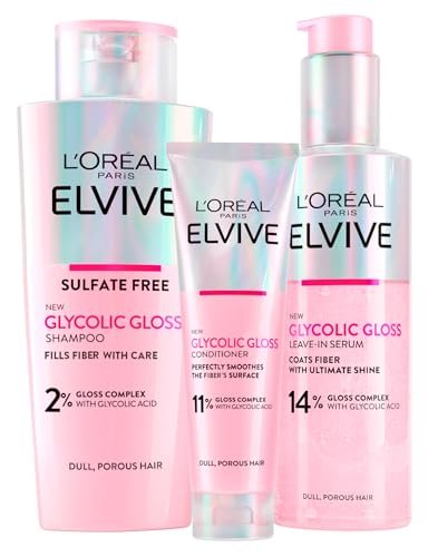 L'Oréal Paris Elvive Glycolic Gloss Balsamo da 150ml + Shampoo da 200ml + Siero Senza Risciacquo da 150ml Set per Capelli Spenti e Porosi Lucentezza Intensa e Duratura - 3 Flaconi