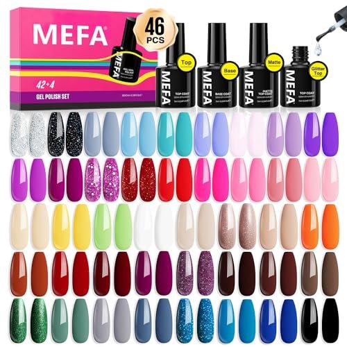MEFA Smalto Semipermanente Unghie, 46PCS Kit Semipermanente Unghie con Base Coat e Glossy & Matt Top Coat, Smalto per Unghie in Gel UV LED Professionali Kit