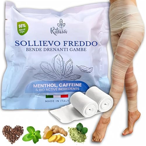 Ritalia® BENDAGGI DRENANTI GAMBE con EFFETTO FREDDO azione tonificante e defaticante con estratti 100% Naturali Bendaggio ANTICELLULITE SNELLENTE RASSODANTE 2 Bende