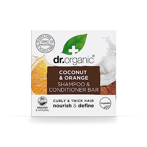 Saponetta Shampoo e Balsamo Dr Organic Cocco & Arancia, Nutriente, Per Capelli Ricci e Spessi, NUOVO, Senza Plastica, Naturale, Vegano, Cruelty-Free, Senza Parabeni e SLS, Biologico, 75g