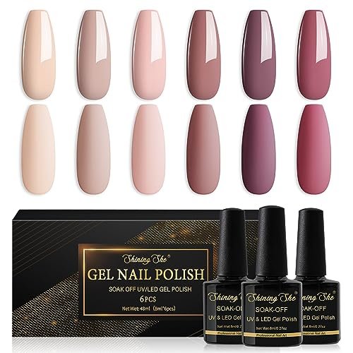 Shining She Smalti Semipermanenti Unghie Nude,6 Colori Rosa Nude Beige Marrone Rosso, Soak-Off UV, per Nail Art Femminile DIY, 8ML