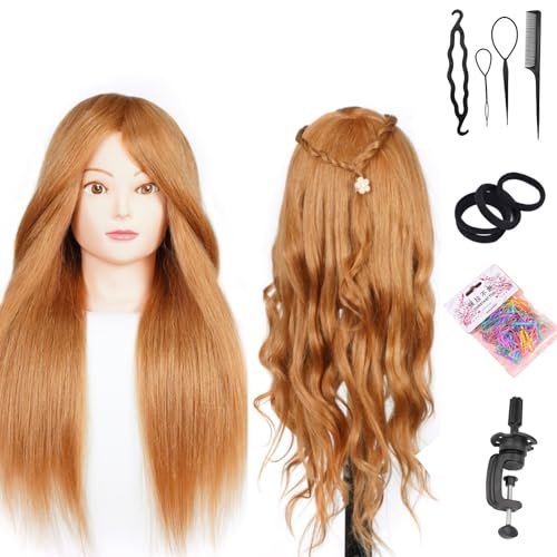 Testa da parrucchiere, 60% True Hair Gold 22 pollici, testa professionale, testa per allenamento della bambola, con supporto + set di acconciature per capelli fai da te
