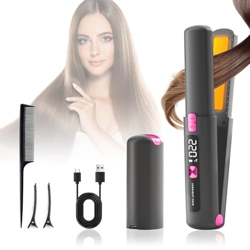Anluomafuy Piastra per Capelli Senza Fili, 2 in 1 Mini Piastra e Arricciacapelli Portatile, Ricaricabile USB, Riscaldamento Rapido, 6 Temperatura Regolabile, Piastra da Viaggio Capelli