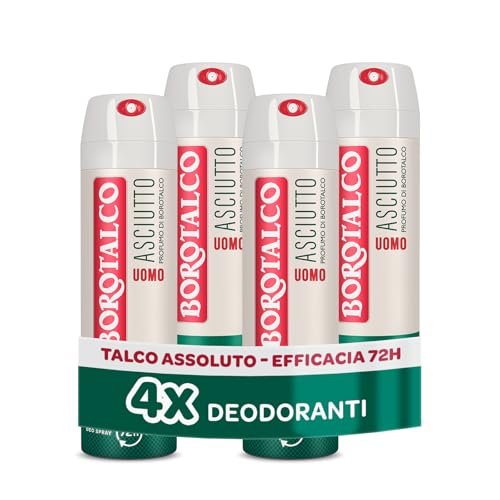 Borotalco, Deodorante Uomo Spray Asciutto Originale, con Talco Assoluto, Assorbe il Sudore, Senza Alcool, Profumo Borotalco, 72h efficacia - 4 Pezzi da 150 ml - Esclusiva Amazon