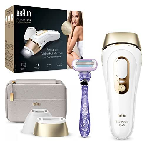 Braun Silk Expert Pro 5 Epilatore LUCE PULSATA Alternativa al laser, Ideale per Zone Sensibili, Viso, Bikini e Ascelle, 2 Accessori, Rasoio, Custodia Viaggio, Idea Regalo PL5157 Bianco e Oro