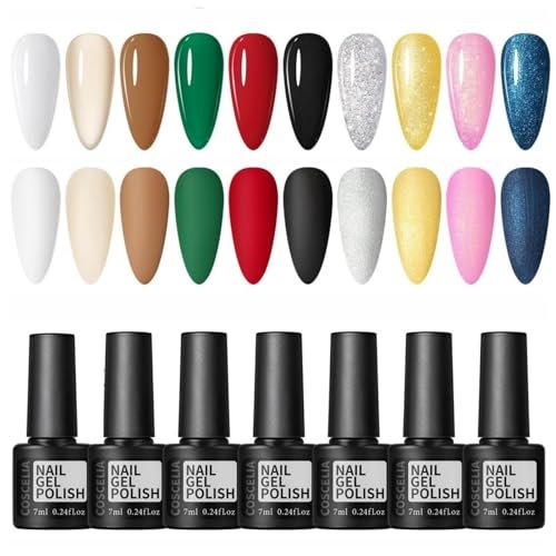 COSCELIA Kit Semipermanente Unghie,10 Couleurs Vernis Semi Permanent Set Soak Off UV/LED Vernis à Ongles Rouge fonc, Vert, Or, Argent brillant,pour Nail Art Manucure,7ML