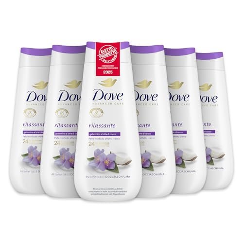 Dove Bagnoschiuma Rilassante, Bagnodoccia Idratante, Formula Delicata sul Microbioma della Pelle, con Agenti Idratanti Vegetali, Senza Solfati SLES, Bagnodoccia Uomo e Donna, 6 Pezzi da 225 ml