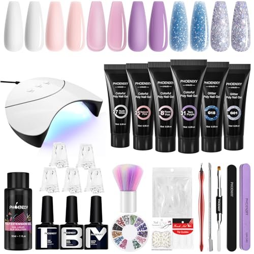 Kit Unghie Gel Completo con Lampada per Unghie 36W UV/LED, Phoenixy 6 Colori Viola Blu Kit Ricostruzione Unghie Gel Completo, Kit Unghie con Dual Form e Base Top Coat Lucido y Opaco