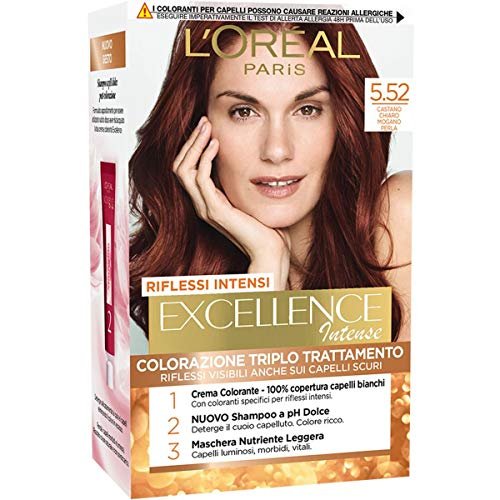 L'Oréal Paris Tinta Capelli Excellence Intense, Copre i Capelli Bianchi, Colore Ricco, Luminoso e a Lunga Durata, Castano Chiaro Mogano Perla 5.52, Confezione da 1