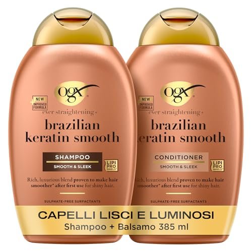 OGX Set Capelli Shampoo e Balsamo Ever Straightening + Brazilian Keratin Smooth con balsamo e shampoo cheratina districante capelli, Kit con prodotti per capelli crespi, 2 x 385 ml – Esclusiva Amazon