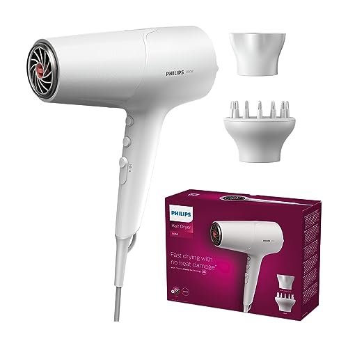 Philips Asciugacapelli Serie 5000, tecnologia ThermoShield, agli ioni, 2100°W, bianco, con beccuccio per styling e diffusore, modello BHD500/20