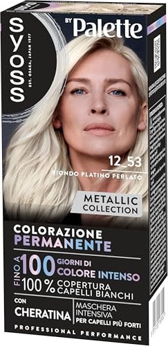 Syoss by Palette Metallic Collection Colorazione Permanente 12-53 Biondo Platino Perlato, con Cheratina, per 100% copertura dei capelli bianchi e fino a 100 giorni di colore