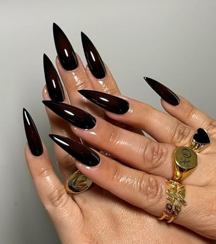 Unghie Finte Lunghe MouyouGlow,Stiletto Halloween Monocolore Nero Gothic Glossy Press on Nails con Colla,Vampire Black Solid Fake Nails