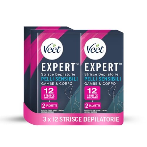 Veet Expert 36 Strisce Depilatorie Gambe e Corpo, Ceretta per Pelli Sensibili con Olio di Mandorla, Dermatologicamente Testate, 3 confezioni da 12 strisce