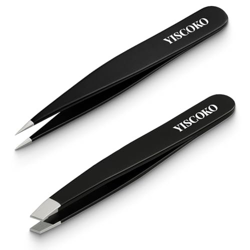 YISCOKO Pinzette professionali per peli del viso da donna, pinzette per sopracciglia in acciaio inox (2 pezzi, nero)