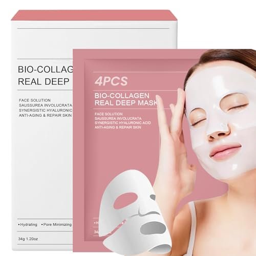 4 Pezzi Maschera Viso Collagene Bio, Maschera Notturna Coreana Idratante, Anti-Rughe, Lifting, Riduce i Pori, Bio-Collagen Deep Mask per Pelle Secca e Spenta