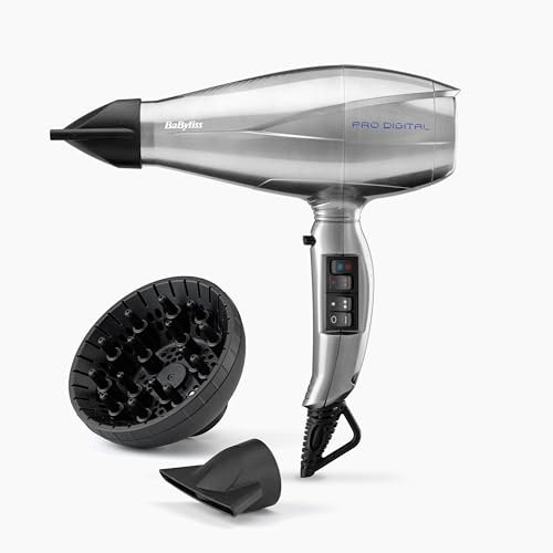 BaByliss Asciugacapelli MADE IN ITALY Pro Digital, Motore Digitale professionale, 2200W, diffusore e concentartore, funzione anti-crespo, 2 velocità - 3 temperature, tasto aria fredda, argento, 6000E