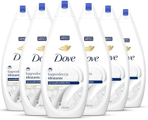 Dove Docciaschiuma Idratante, Formula con Idratante Dermo-Naturale, con 1/4 di Crema Idratante, Dermatologicamente Testato, Bagnoschiuma Uomo e Donna, 100% Bottiglia Riciclata* 6 Pezzi x 750 ml