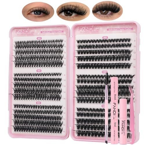FANDIQ Kit per ciglia finte con colla e rimozione ciglia 40D+50D+60D+80D+100D+120D, volume soffice, 560 pezzi, kit di extension per ciglia singole da 8-16 mm, kit fai da te per extension ciglia a D