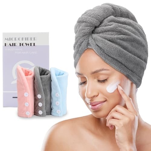 FREATECH 3 Pezzi Asciugamano Capelli in Microfibra - Asciugare Rapidamente i Capelli Bagnati senza Crespo, Turbante Capelli Morbido e Assorbente con 3 Bottoni per Donna, Bambino, Capelli Lunghi Ricci