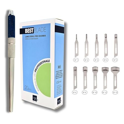 Lame Sgorbia Best Blade + Manico Porta Lama in Alluminio con chiusura a vite – Start Kit Pedicure Professionale – 20 Lame Assortite 2x(misura 1,2,3,4,5,6,8,10,12,15)