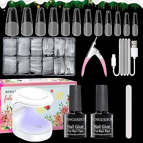 LOVICVKEM Punte per Unghie e Kit Gel per Colla, 600 Pezzi Punte per Unghie Finte Coffin con Gel per Colla 2 in 1, mini lampada per unghie in acrilico, nail art fai da te a casa