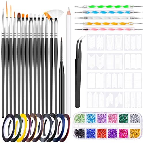 MELLIEX 45 Pezzi Kit per Nail Art, Strumenti per Nail Art con 15 Pennelli per Unghie, Pennarello per Unghie, Adesivo per Unghie Francese, Nastri per Unghie, Strass, Pinzette per Nail Design