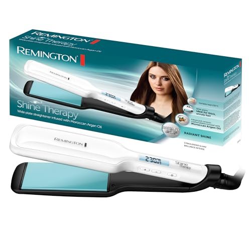 Remington Piastra per Capelli Larga - Shine Therapy: Rivestimento Ceramico con ingredienti microattivi per maggiore brillantezza - Olio di argan marocchino e vitamina E, Display LCD, 150-230°C, S8550