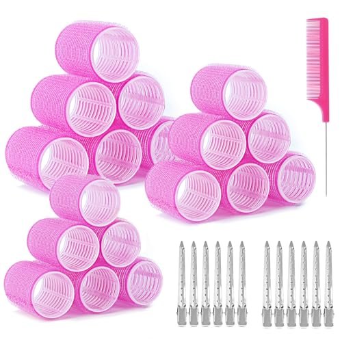 Romon 31 Pezzi Bigodini Grandi Set, 18 Pz Autoafferranti e 12 Pz Fermagli Grandi Hair Rollers, Boccoli Capelli Senza Calore per Salon Barber, Dormire, Capelli Lunghi e Corti(Rosa)