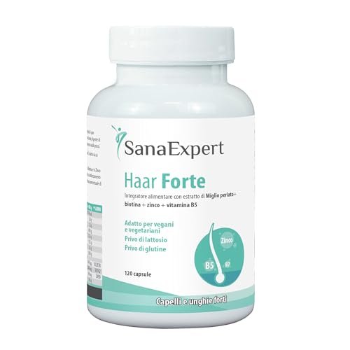 SanaExpert Haar Forte - Rinforza Capelli e Unghie - Con Biotina, Zinco, Miglio Perlato e Selenio - Vitamine per Capelli Forti - 120 Capsule Vegane, Anti-caduta - Prodotto in Germania