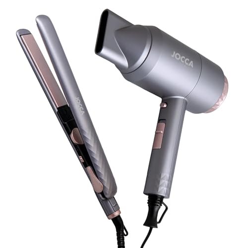 Set asciugacapelli 2200 W + piastra per capelli 45 W - motore DC, 2 velocità, 2 temperature, funzione fredda, piastre in ceramica galleggianti, riscaldatore PTC, design grigio scuro e rosa