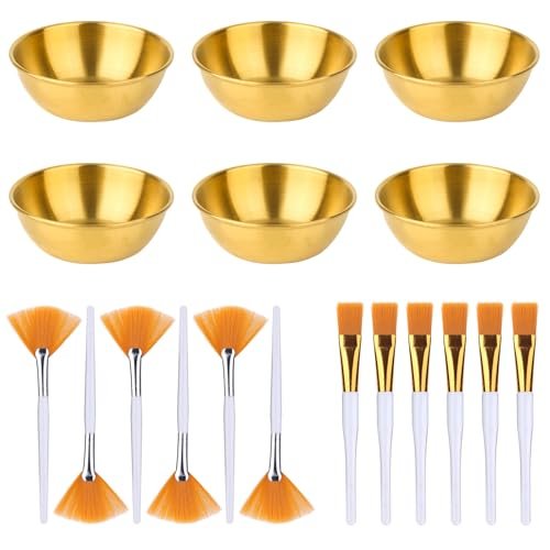 Set di 18 Prodotti per Il Viso Estetista, Inclusi 6 Ciotole, 6 Pennelli a Ventaglio e 6 Pennelli Piatti Set Miscelare Maschere Il Viso per Uso Domestico in Centri Estetici (Oro)