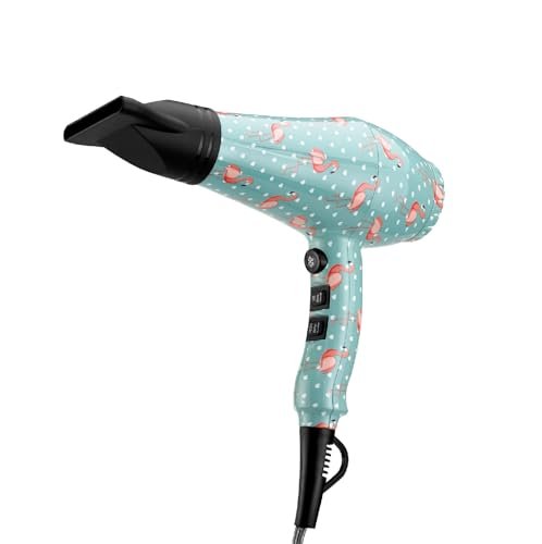 Zephir, Asciugacapelli Professionale, Fantasia "Fenicotteri", Potenza 2000W, 2 velocità, 3 livelli di temperatura, Colpo di Freddo, Concentratore e Diffusore inclusi, Tote Bag della Stessa Fantasia.