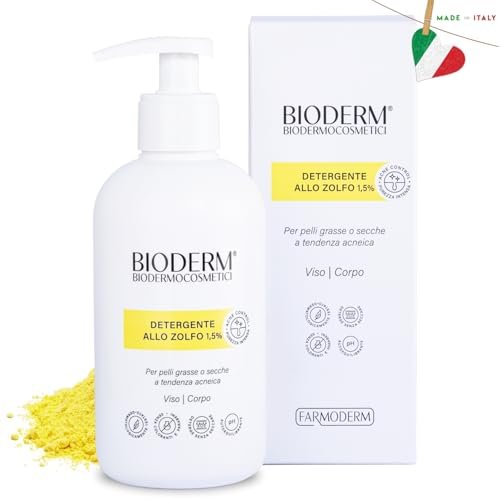 Bioderm S Detergente Allo Zolfo per Pelle Grassa e Anti Acne - Per Punti Neri e Brufoli sulla Fronte, Naso, Mento, Guance, Schiena, Collo, Cuoio Capelluto, ecc - Senza Parabeni