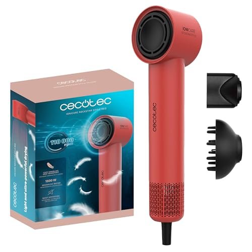 Cecotec Asciugacapelli Ionicare Rockstar Style Red. Compatto E Leggero 1500W Con Motore Brushless, 110.000 Rpm, Generatore Di Ioni, Impostazioni Temperatura E Velocità, Design Portatile