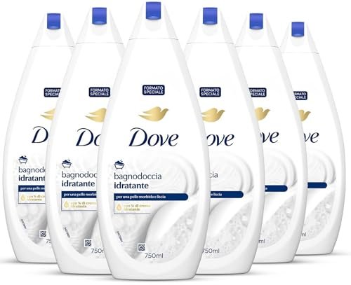 Dove Docciaschiuma Idratante, Formula con Idratante Dermo-Naturale, con 1/4 di Crema Idratante, Dermatologicamente Testato, Bagnoschiuma Uomo e Donna, 100% Bottiglia Riciclata* 6 Pezzi x 750 ml