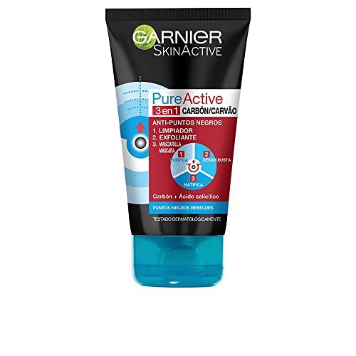 Garnier Maschera Punti Neri, Detergente e Scrub Viso Pure Active Intense 3in1 con Carbone Vegetale, 150 ml