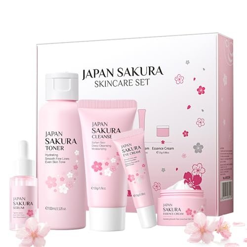 Kit per la Cura della Pelle Sakura 5 Pezzi, include Detergente, Tonico, Crema Viso, Siero e Crema per Gli Occhi, Set Skincare Viso Completo per Ragazze e Donne