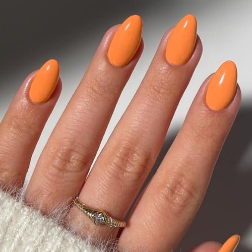 KQueenest Orange Press On Nails - Unghie corte in acrilico da incollare, rotonde, tinta unita, finte unghie finte da incollare, unghie finte in gel lucido per donne, adatte all'uso quotidiano, 24