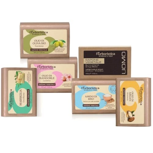 L'Erboristica Athena's | Saponi Vegetali Assortiti: Sapone Uomo, Olio di Oliva Bio, di Mandorle Dolci, di Argan, Marsiglia, Amido di Riso, Saponetta 100 gr, 6 Pezzi, Made in Italy