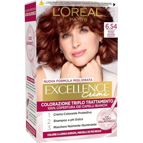 L’Oréal Paris Colorazione Triplo Trattamento Excellence, Con Acido Ialuronico, 100% Copertura Capelli Bianchi, Per Capelli Più Idratati, Biondo Scuro Mogano Ramato (6,54)