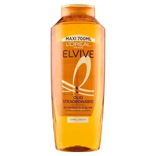 L'Oréal Paris Elvive Shampoo Nutriente, Per Capelli Secchi e Spenti, Capelli Ricostituiti, Nutriti e Lucenti Per 8 Settimane, Con Oli Preziosi di Camelia e Marula, Olio Straordinario, 700 ml